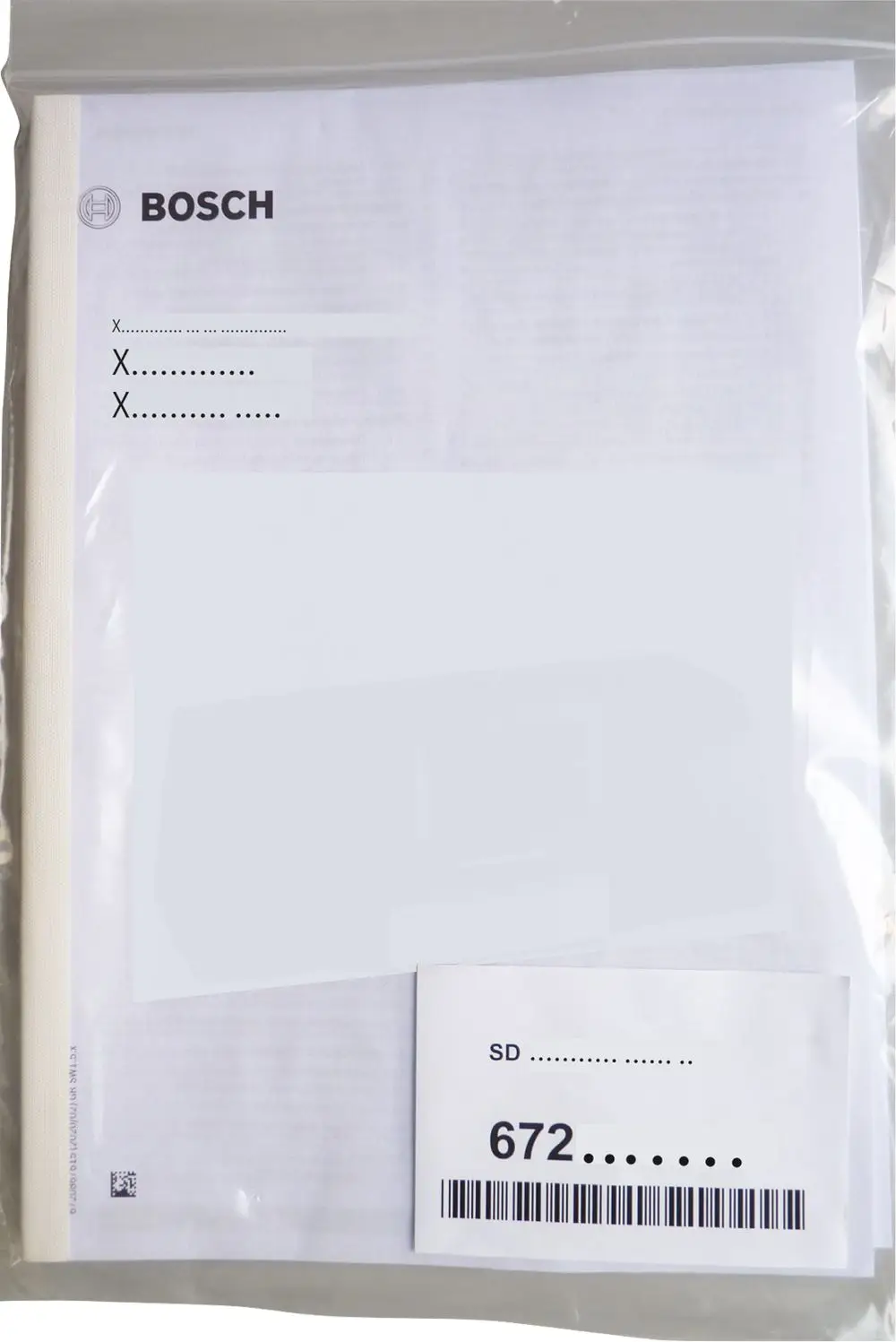 Dokumentenset in transparenter Hülle mit Bosch-Logo, enthält mehrseitige Unterlagen, teilweise unleserlich, zur Verwendung im Zusammenhang mit Kesselanwendungen.
